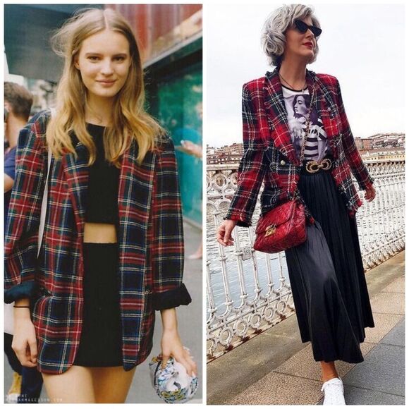 Vintage 90s Norton McNaughton Red Navy Plaid Wool Blend Blazer Jacket | Size 14 - Picture 11 of 12